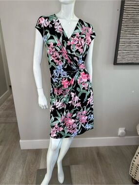 Tommy Bahama Orchid Isle Faux Wrap  Mini Dress  Black Sz M Twist-Front V-Neck
